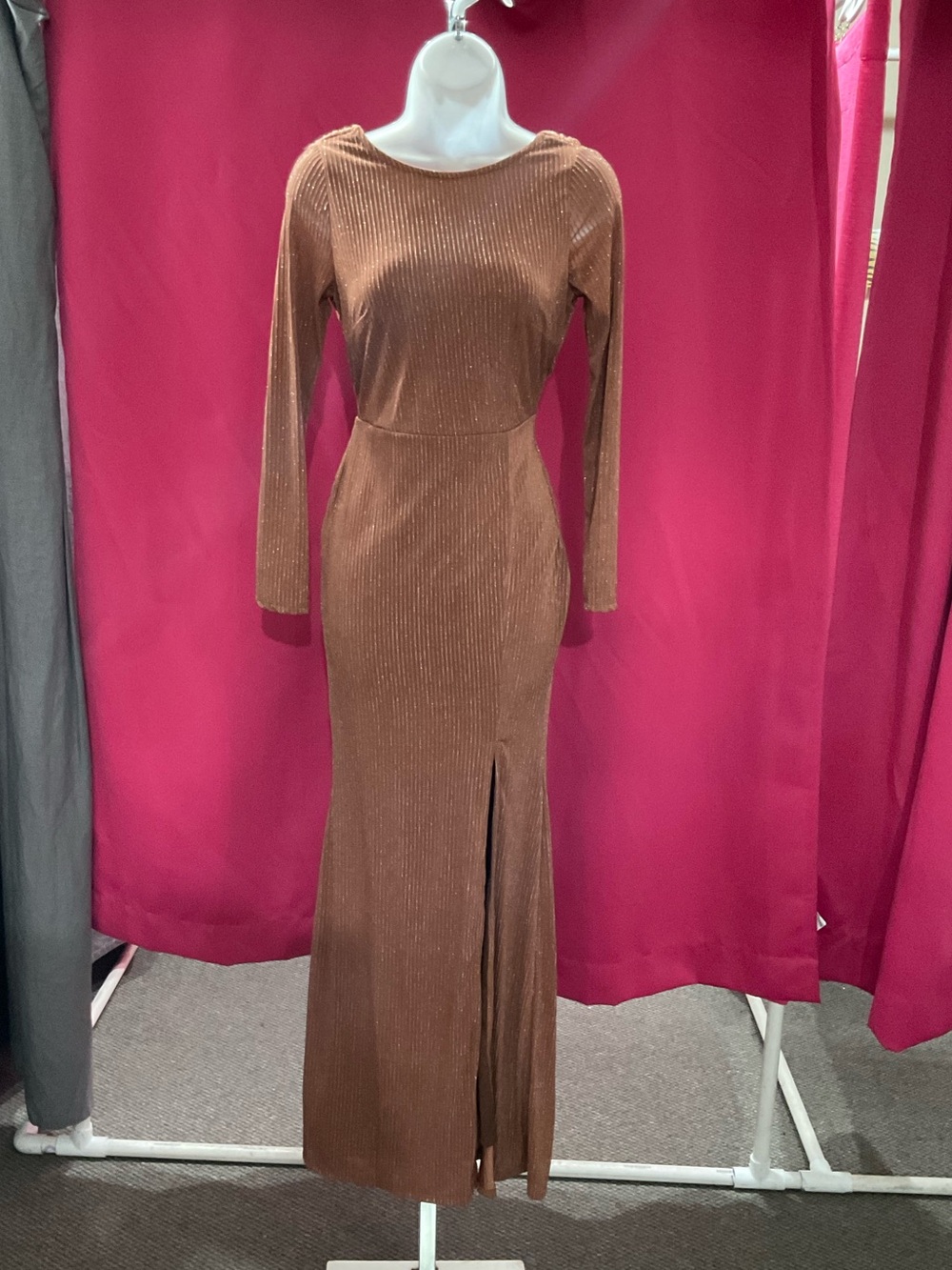 Elegant Long-Sleeve Bronze Maxi Dress with Front Slit
